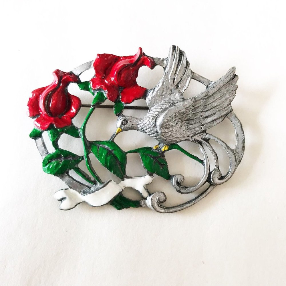 vintage hand painted brooch bird pigeon painting hand painted pin